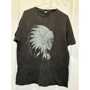 Mens Black Graphic T-Shirt Skull Native American Headdress Streetwear Tee